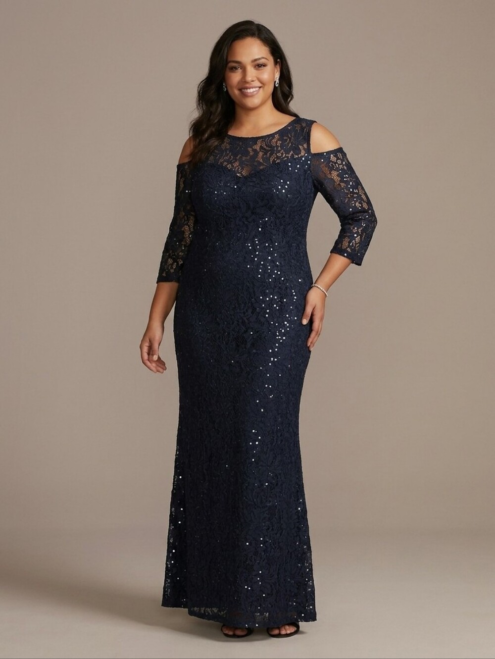 Women's Cold-Shoulder Lace Embellished Evening Gown in Navy Formal Dress Size 14